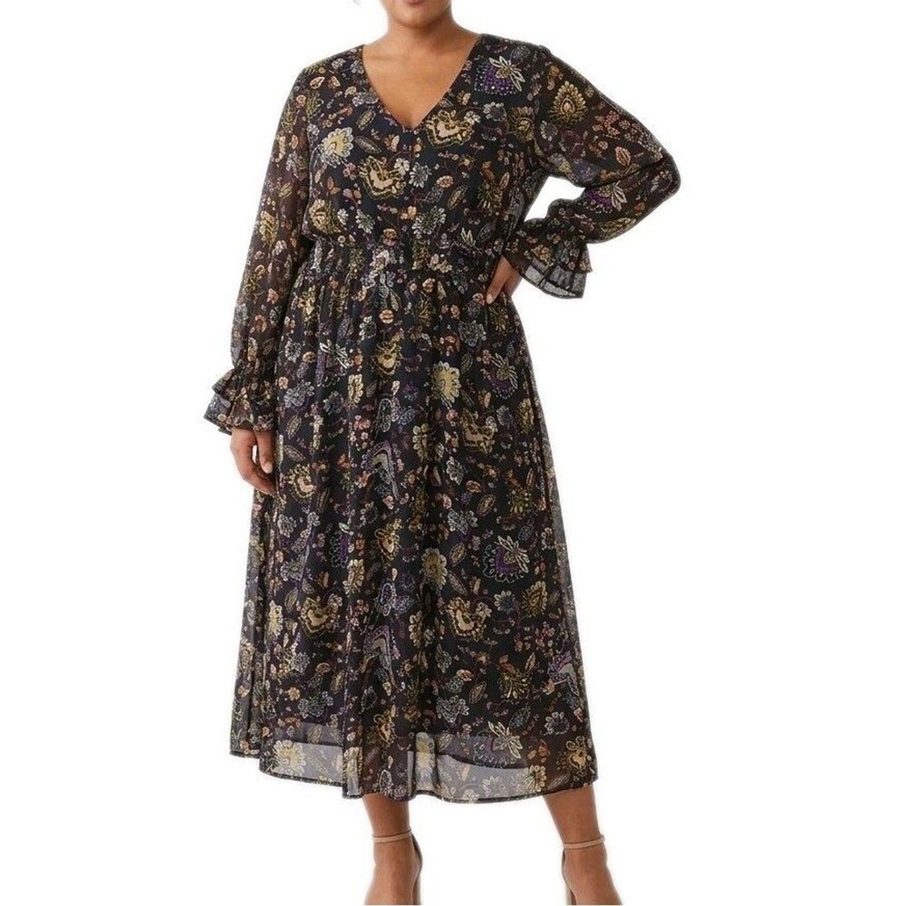 Torrid  Maxi Dress Size 3 3X Black Floral Smocked Waist Lined Chiffon Long Slv